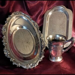 Elegant Vintage / Antique Ornate Silver Tray & Mug Bundle